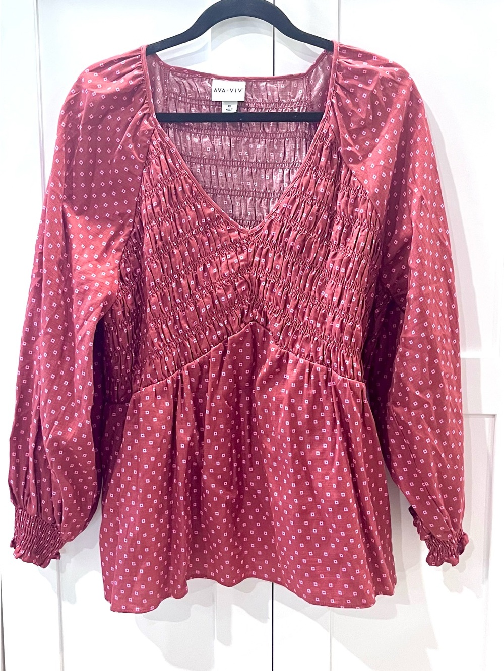 1X Plus Size Ava & Viv Dusty Rose Smocked V-Neck Blouse